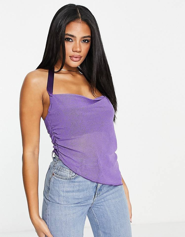 ASYOU asymmetric glitter mesh halter neck top in purple